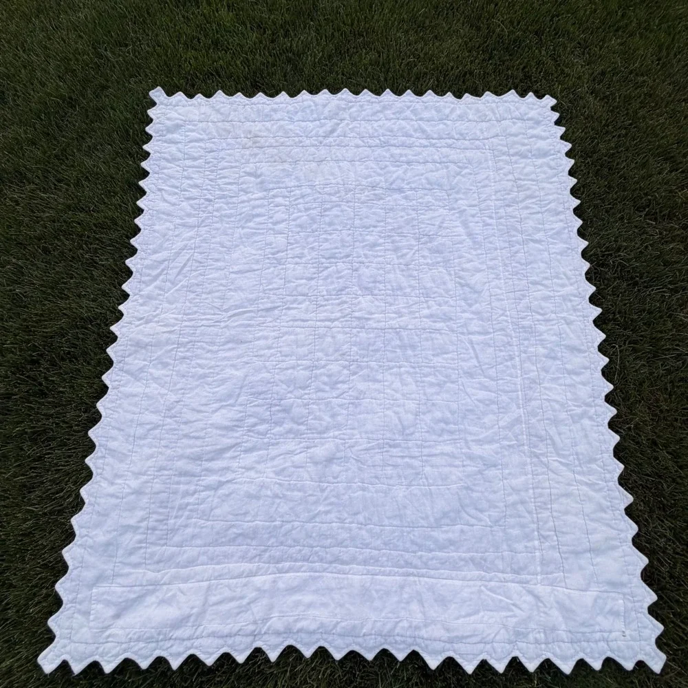 Handmade Patchwork Quilt Floral Gingham Scalloped Sawtooth Edge Blue Yellow *pic